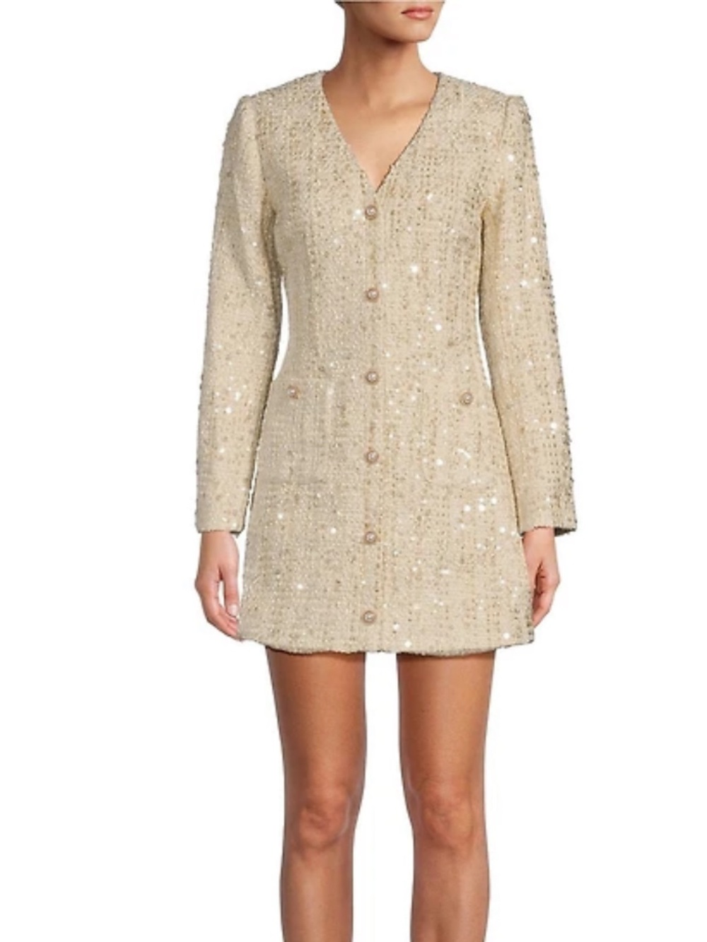Antonio Melani Womens Size 2 Cream Tweed Sequin Pearl Button Blazer Mini Dress